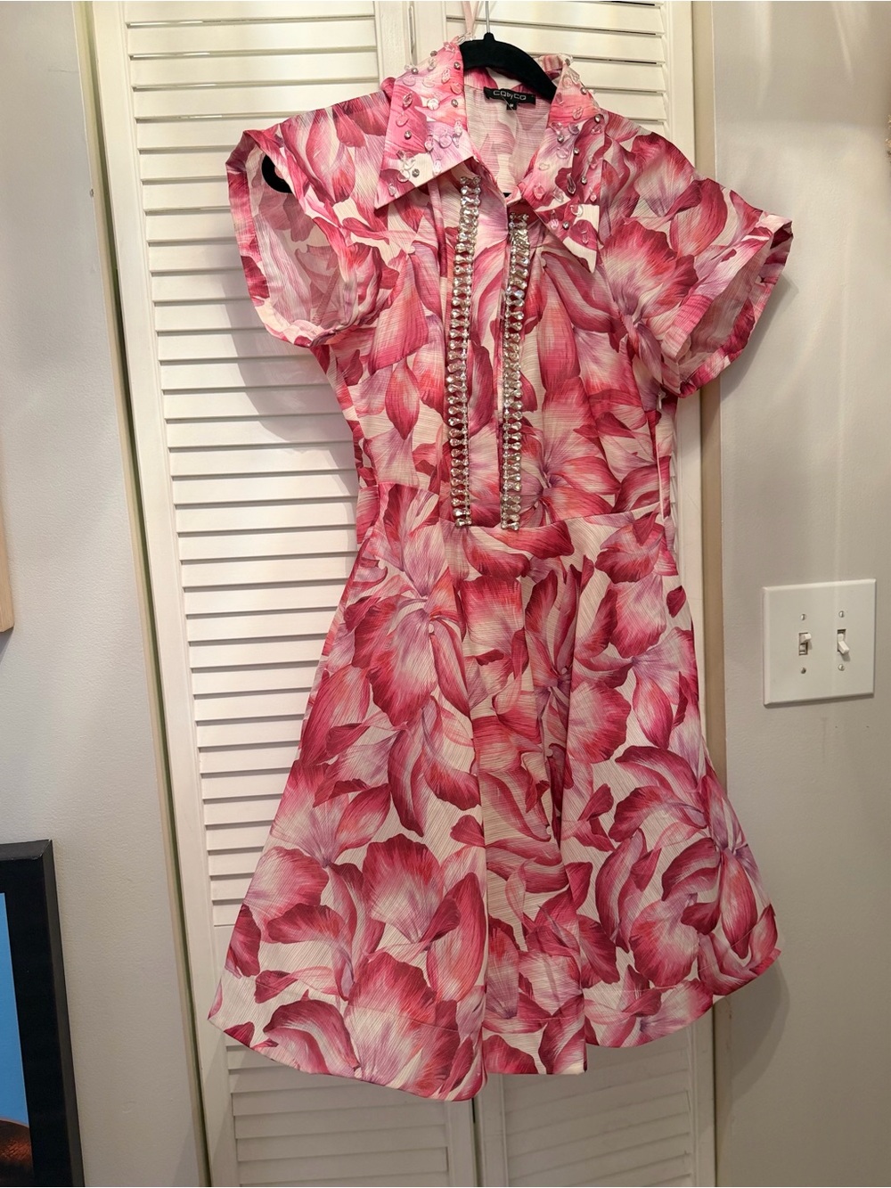 Pink Floral Midi Dress with Pearl Trim
